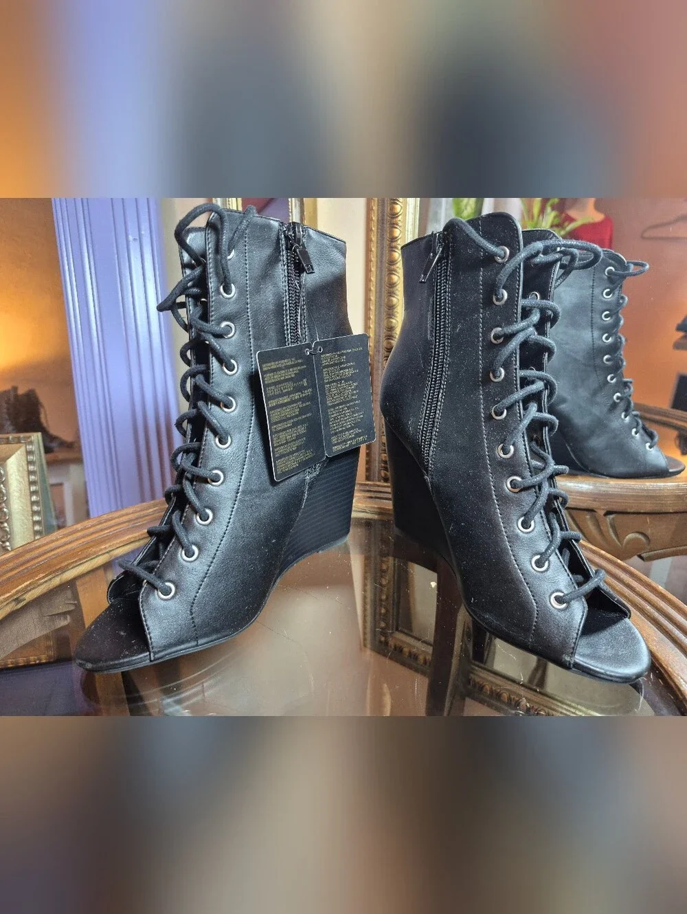 Forever 21 Faux Leather Black Lace Up Wedge Boots - Size 5.5